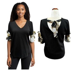 NY & Company Black Flutter Sleeve Ribbon Tie Top Blouse Black Gold Size Large